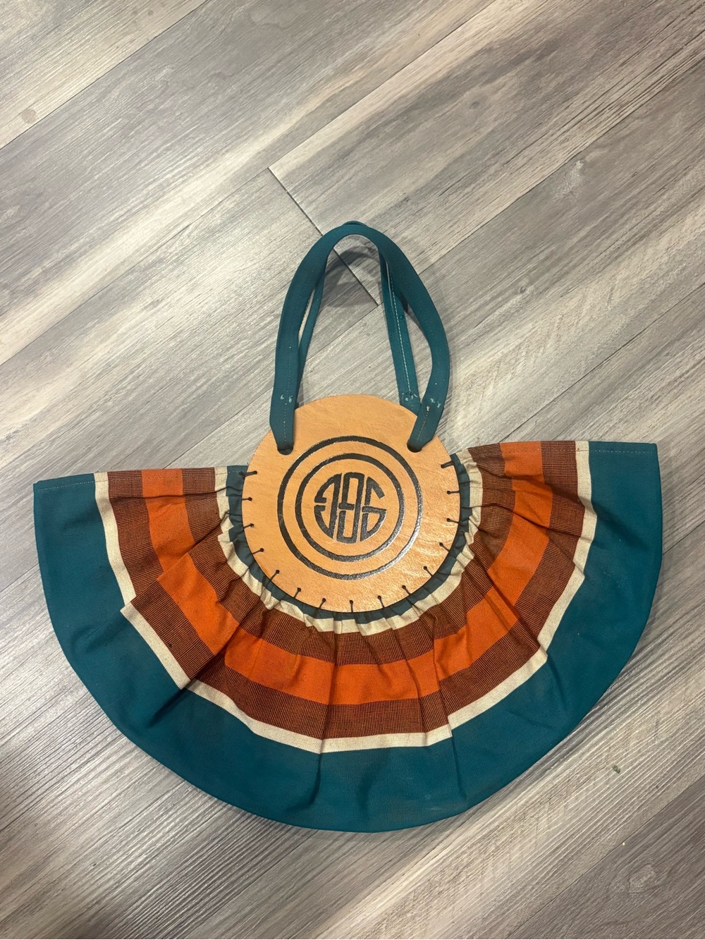 Bonnie Bag Teal and Orange Pleated Circular Tote with Monogram Accent